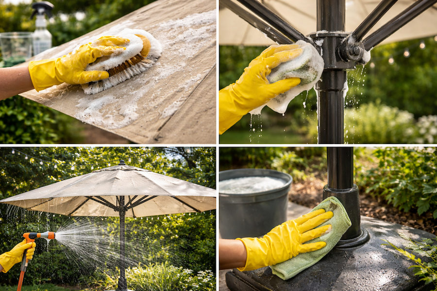 Så rengör du ditt parasoll – steg-för-steg för tyg, stativ och mekanik